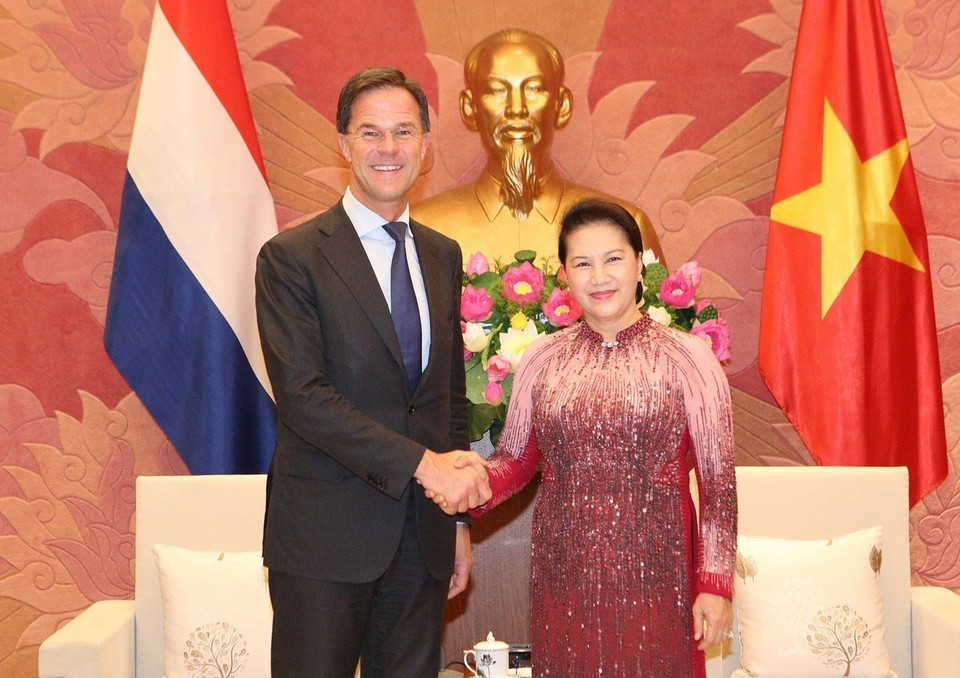 Chiều 9/4/2019, tại Nhà Quốc hội, Chủ tịch Quốc hội Nguyễn Thị Kim Ngân tiếp Thủ tướng Vương quốc Hà Lan Mark Rutte thăm chính thức Việt Nam. (Ảnh: Dương Giang/TTXVN)