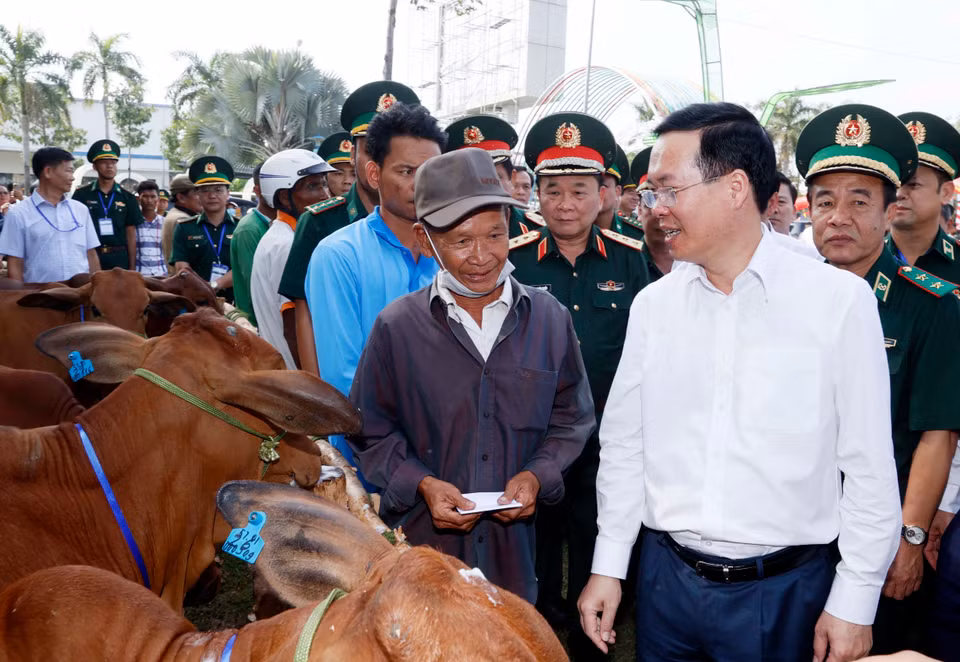 Chủ tịch nước Võ Văn Thưởng tặng bò cho hộ nghèo của chương trình "Xuân biên phòng ấm lòng dân bản". (Ảnh: Thống Nhất/TTXVN)