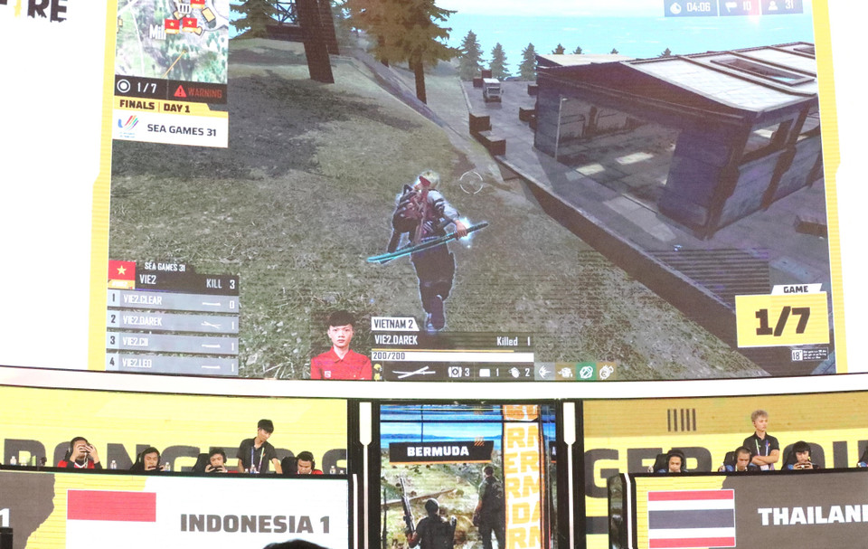 Màn hình tường thuật 1 games thi đấu của các đội ở nội dung Freefire. (Ảnh: Minh Đông/TTXVN)