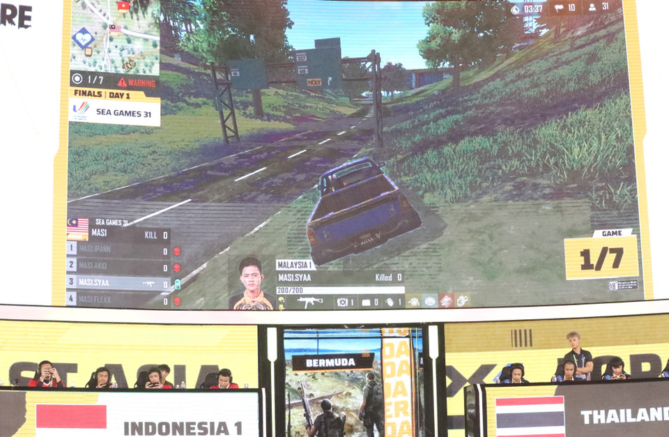 Màn hình tường thuật 1 games thi đấu của các đội ở nội dung Freefire. (Ảnh: Minh Đông/TTXVN)