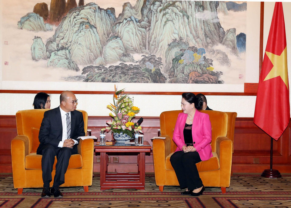 Chủ tịch Quốc hội Nguyễn Thị Kim Ngân tiếp Chủ tịch Tập đoàn phát triển bất động sản Alpha King Vương Vĩ Hiền. (Ảnh: Trọng Đức/TTXVN)