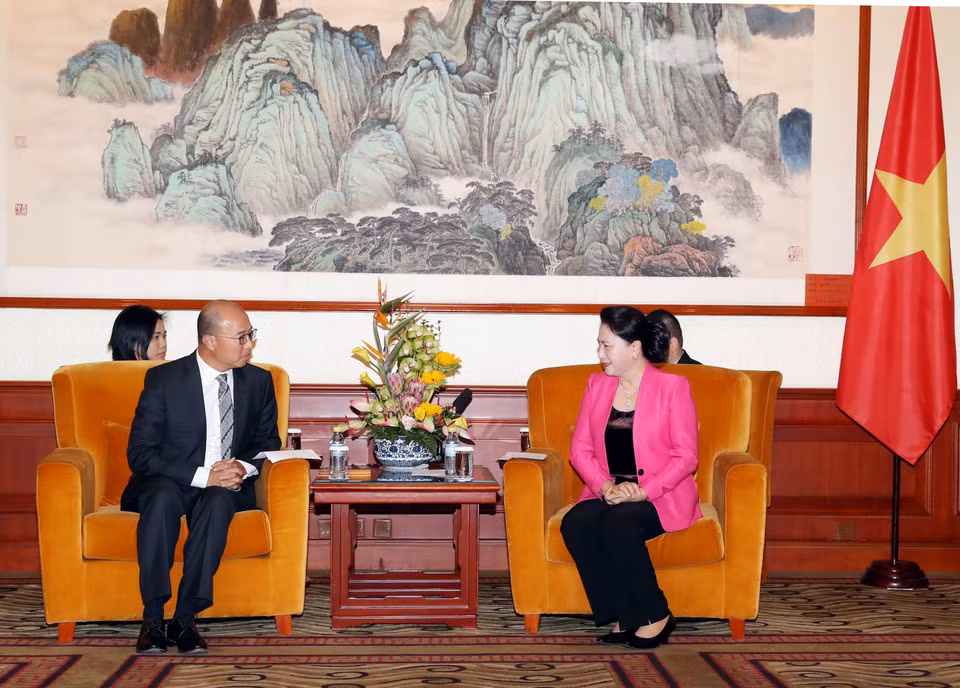 Chủ tịch Quốc hội Nguyễn Thị Kim Ngân tiếp Chủ tịch Tập đoàn phát triển bất động sản Alpha King Vương Vĩ Hiền. (Ảnh: Trọng Đức/TTXVN)