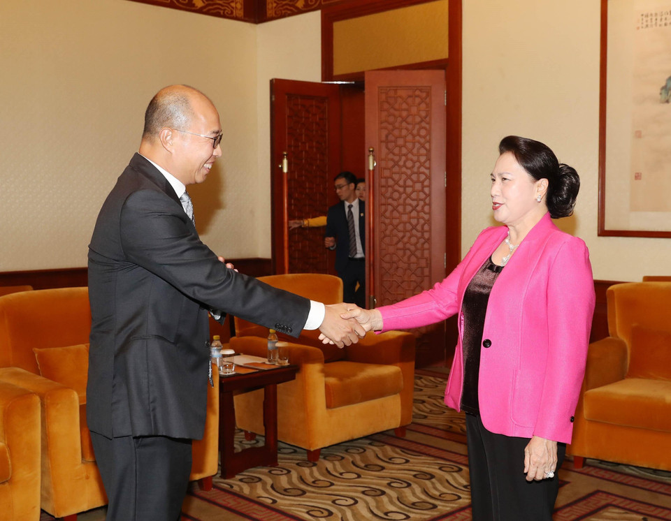 Chủ tịch Quốc hội Nguyễn Thị Kim Ngân tiếp Chủ tịch Tập đoàn phát triển bất động sản Alpha King Vương Vĩ Hiền. (Ảnh: Trọng Đức/TTXVN)