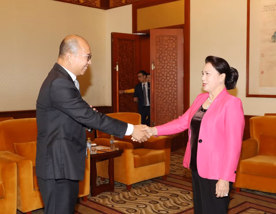 Chủ tịch Quốc hội Nguyễn Thị Kim Ngân tiếp Chủ tịch Tập đoàn phát triển bất động sản Alpha King Vương Vĩ Hiền. (Ảnh: Trọng Đức/TTXVN)