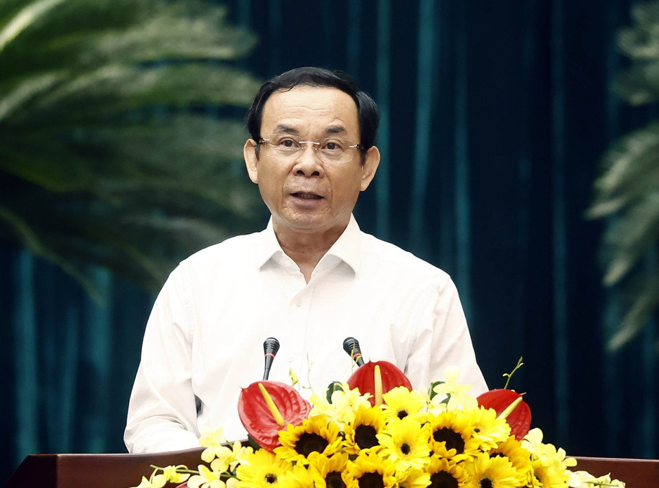 Ông Nguyễn Văn Nên, Ủy viên Bộ Chính trị, Bí thư Thành ủy Thành phố Hồ Chí Minh phát biểu. (Ảnh: Thống Nhất/TTXVN)