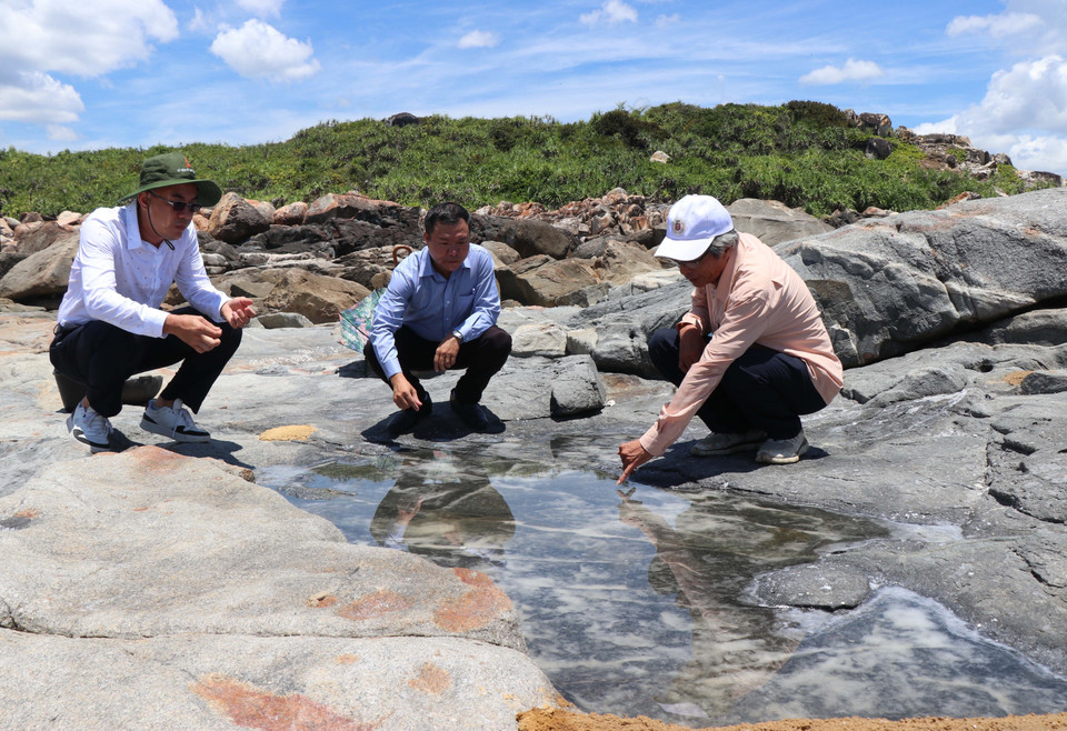 Tiến sỹ Đoàn Ngọc Khôi (bên phải) Phó Giám đốc Bảo tàng Tổng hợp tỉnh Quảng Ngãi kiểm tra khu vực làm muối. (Ảnh: Phạm Cường/TTXVN)