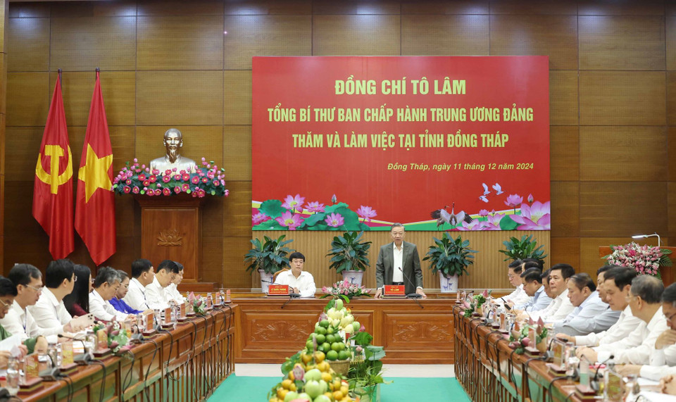 Tổng Bí thư Tô Lâm chủ trì cuộc làm việc với Ban chấp hành Đảng bộ tỉnh Đồng Tháp. (Ảnh: Thống Nhất/TTXVN)