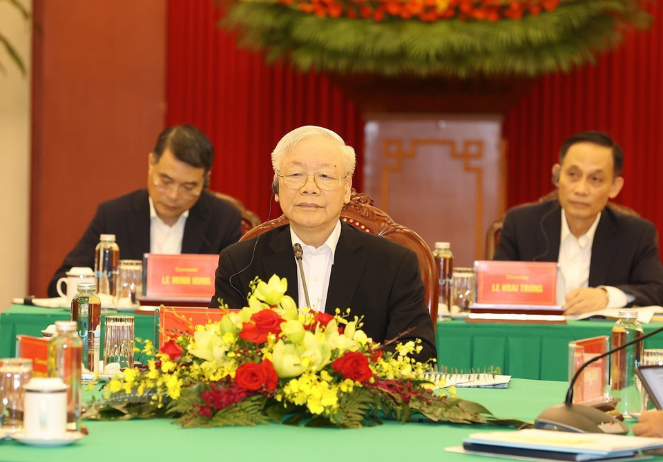 Tổng Bí thư Nguyễn Phú Trọng phát biểu tại cuộc gặp. (Ảnh: Trí Dũng/TTXVN)