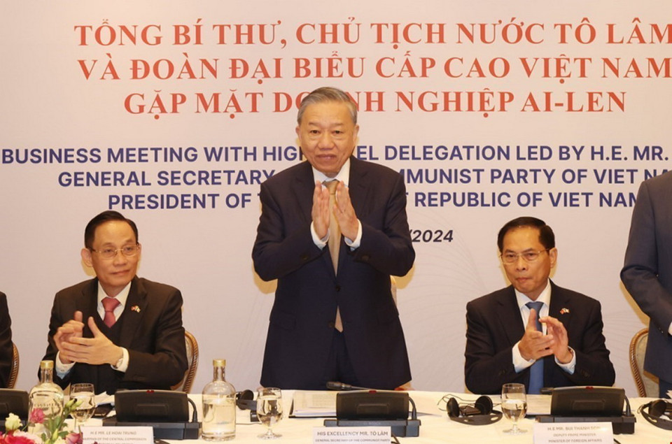 Tổng Bí thư, Chủ tịch nước Tô Lâm dự gặp mặt doanh nghiệp Ireland. (Ảnh: Trí Dũng/TTXVN)