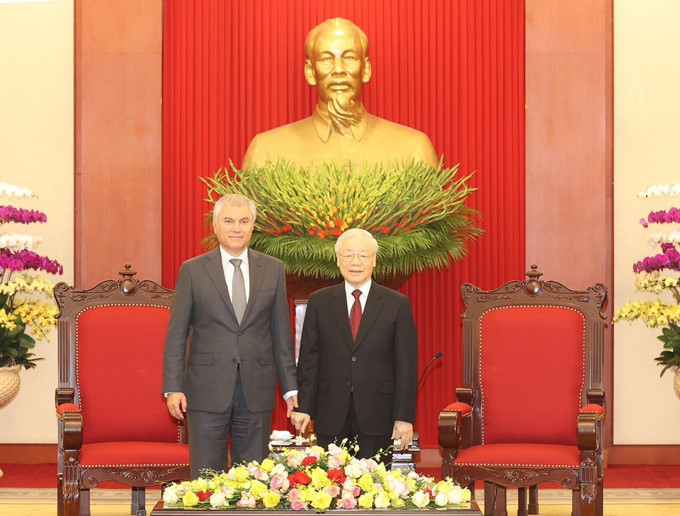 Tổng Bí thư Nguyễn Phú Trọng và Chủ tịch Duma Quốc gia Quốc hội Liên bang Nga Vyacheslav Viktorovich Volodin. (Ảnh: Trí Dũng/TTXVN) 