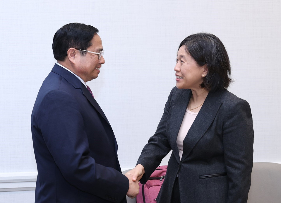 Sáng 12/5 (giờ địa phương), tại Washington D.C.(Hoa Kỳ), Thủ tướng Phạm Minh Chính tiếp bà Katherine Tai, Trưởng Đại diện Thương mại Hoa Kỳ (USTR) đến chào xã giao. (Ảnh: Dương Giang/TTXVN)