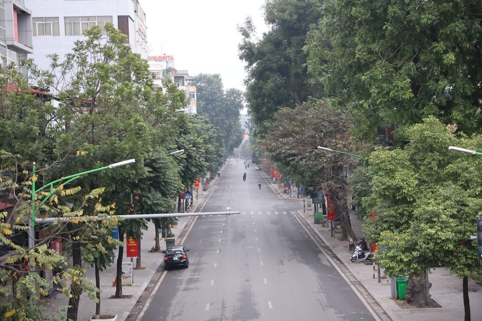 Sáng mùng 1 Tết thật trong lành... Đường phố Hà Nội quang đãng, yên bình, như một món quà "lì xì" cho nhừng người dậy sớm đón tiết Xuân. (Ảnh: Minh Hiếu/Vietnam+)