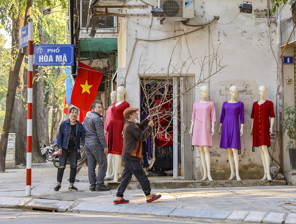 Người dân hồ hởi sắm càng đào xuân ngày cuối cùng trong năm. (Ảnh: Minh Hiếu/Vietnam+)