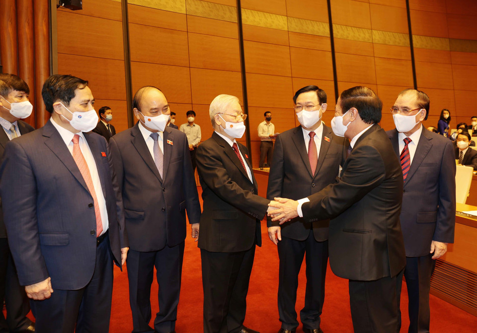 Tổng Bí thư Nguyễn Phú Trọng, các đồng chí lãnh đạo Đảng, Nhà nước và các đại biểu Quốc hội tại Lễ khai mạc. (Ảnh: Trí Dũng/TTXVN)