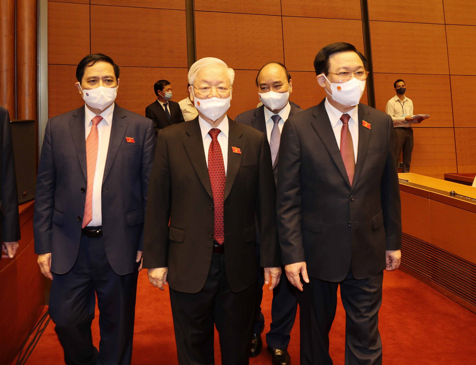 Tổng Bí thư Nguyễn Phú Trọng với các đồng chí lãnh đạo Đảng, Nhà nước. (Ảnh: Trí Dũng/TTXVN)