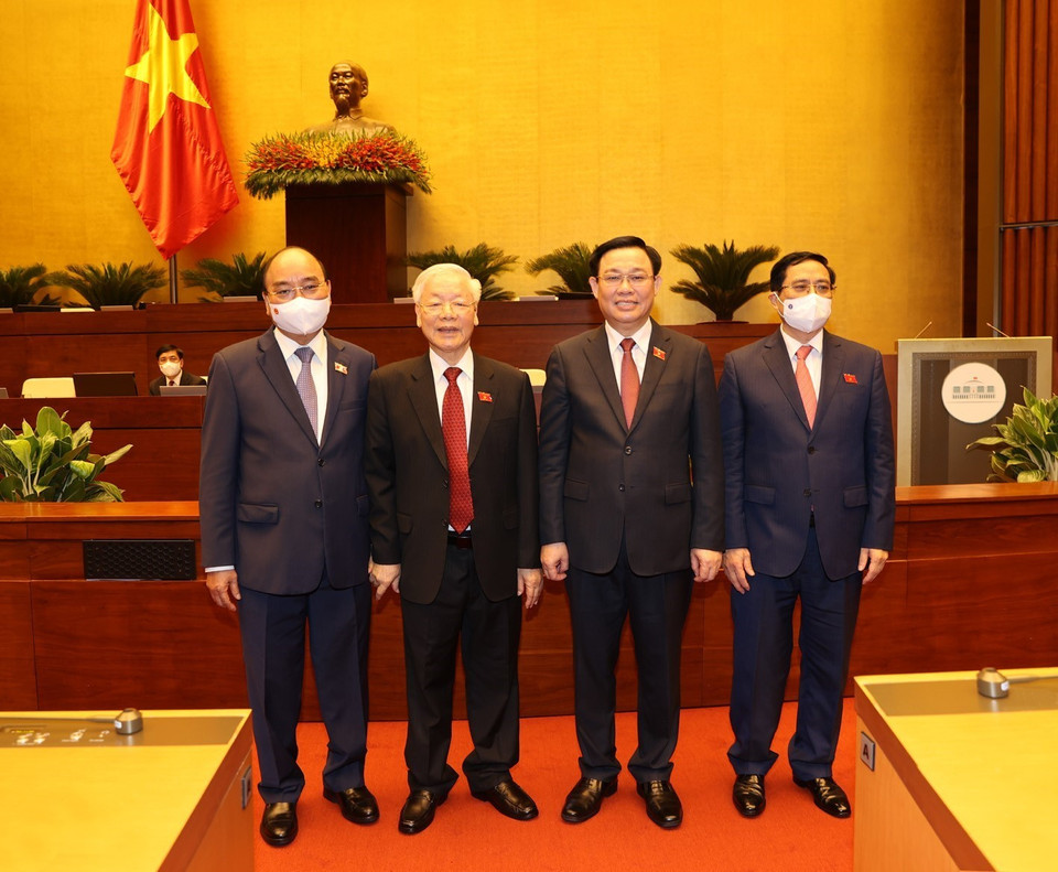 Tổng Bí thư Nguyễn Phú Trọng, Chủ tịch nước Nguyễn Xuân Phúc, Chủ tịch Quốc hội Vương Đình Huệ, Thủ tướng Phạm Minh Chính tại Lẽ khai mạc. (Ảnh: Trí Dũng/TTXVN)