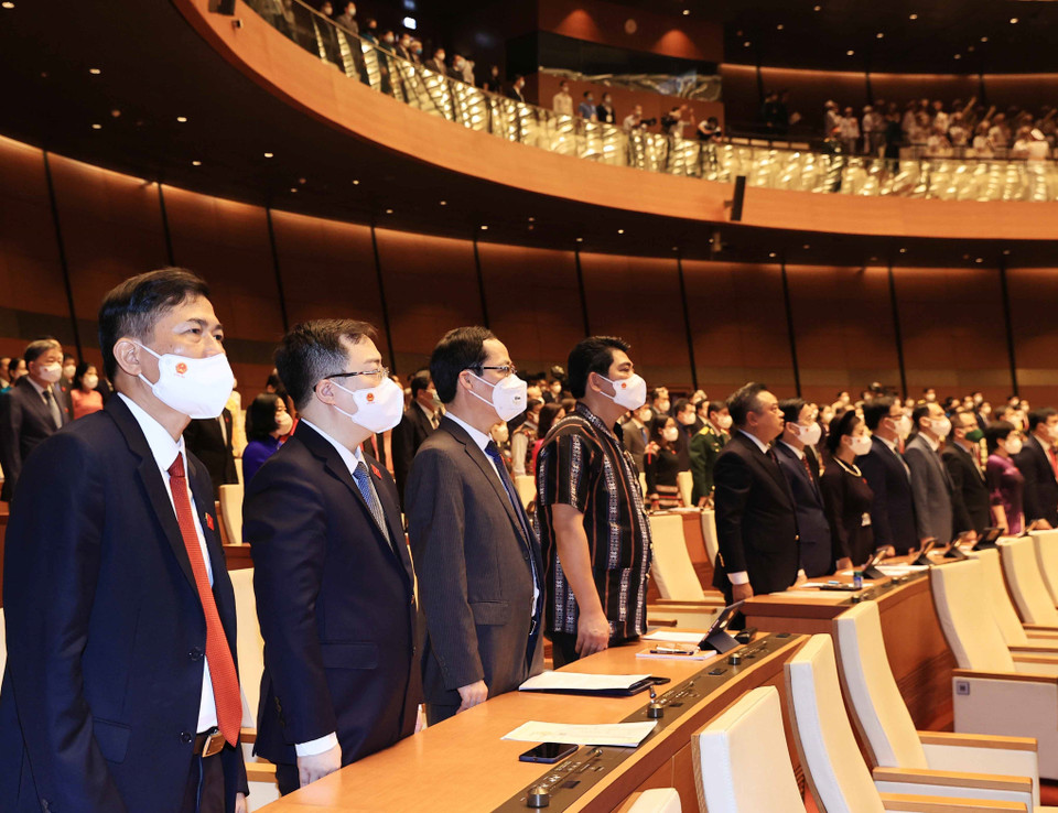 Các đại biểu thực hiện nghi lễ chào cờ. (Ảnh: Thống Nhất/TTXVN)