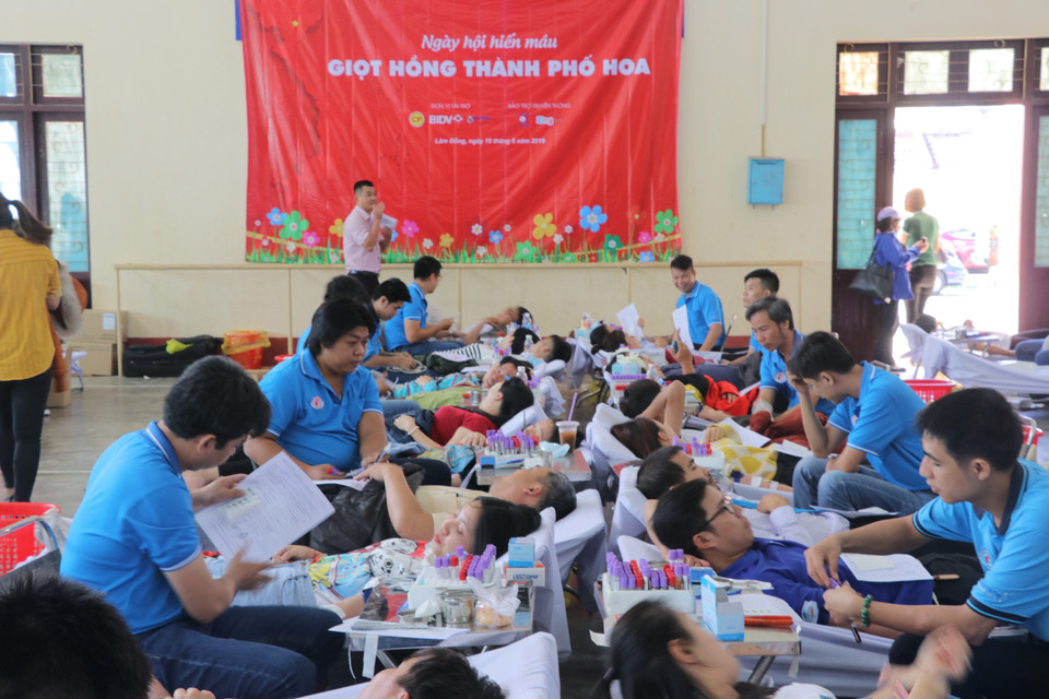 Các tình nguyện viên tham gia hiến máu tại Hành trình đỏ 2019 Giọt hồng thành phố hoa tại Trường Cao đẳng Sư Phạm Đà Lạt (Lâm Đồng). (Ảnh: Đặng Tuấn/TTXVN)