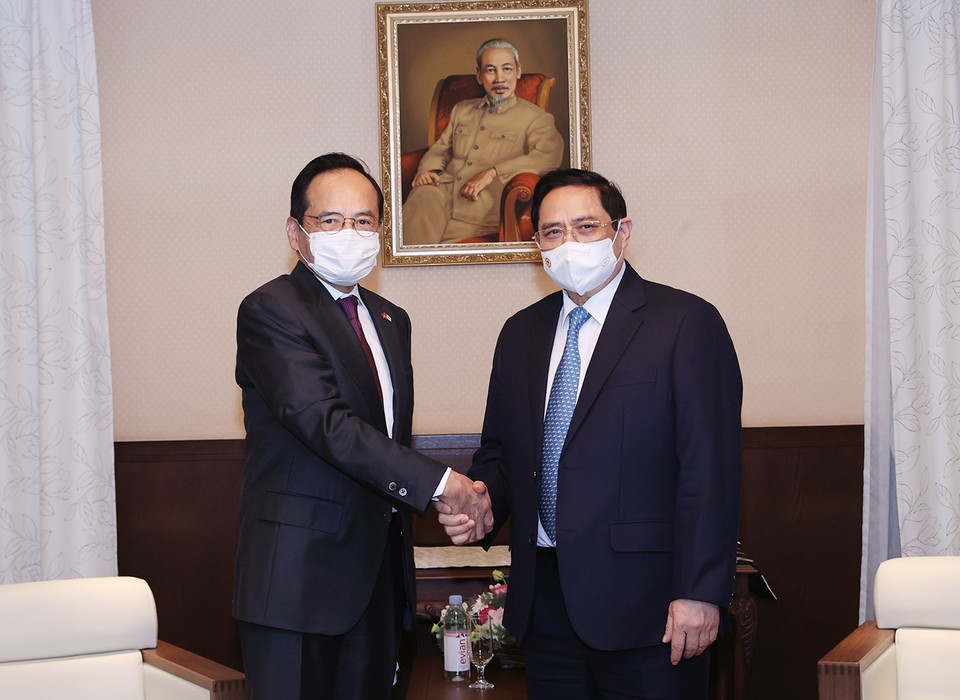 Hình ảnh Thủ tướng Phạm Minh Chính tiếp ông Motoya Okada, Chủ tịch Hội đồng Quản trị Tập đoàn AEON. (Ảnh: Dương Giang/TTXVN)