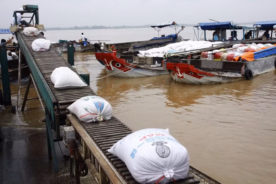 Xí nghiệp chế biến lương thực xuất khẩu (Công ty Lương thực Sông Hậu) tại khu công nghiệp Trà Nóc 1, thành phố Cần Thơ thu mua gạo của nông dân. (Ảnh: Đình Huệ/TTXVN)