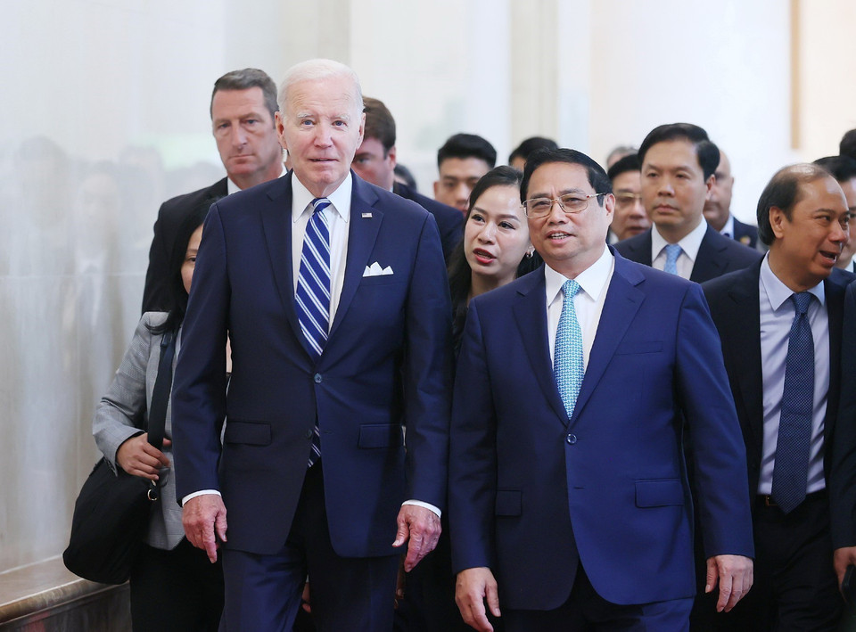Thủ tướng Phạm Minh Chính hội kiến Tổng thống Hoa Kỳ Joe Biden. (Ảnh: Dương Giang/TTXVN)