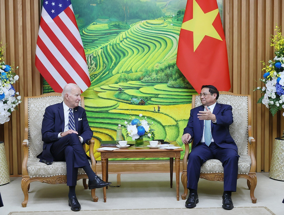 Thủ tướng Phạm Minh Chính hội kiến Tổng thống Hoa Kỳ Joe Biden. (Ảnh: Dương Giang/TTXVN)