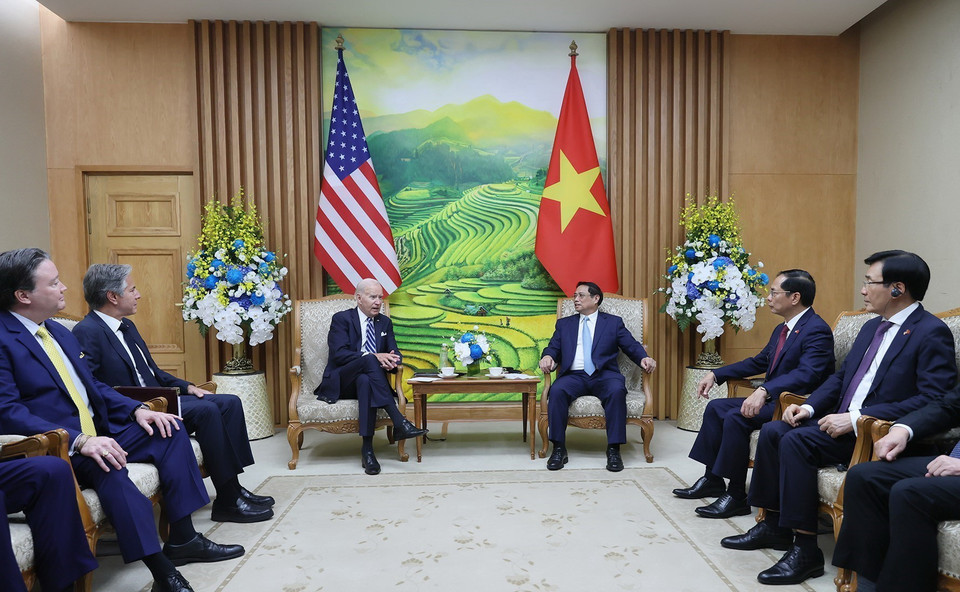 Thủ tướng Phạm Minh Chính hội kiến Tổng thống Hoa Kỳ Joe Biden. (Ảnh: Dương Giang/TTXVN)