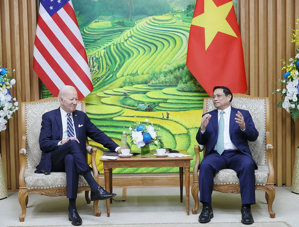 Thủ tướng Phạm Minh Chính hội kiến Tổng thống Hoa Kỳ Joe Biden. (Ảnh: Dương Giang/TTXVN)