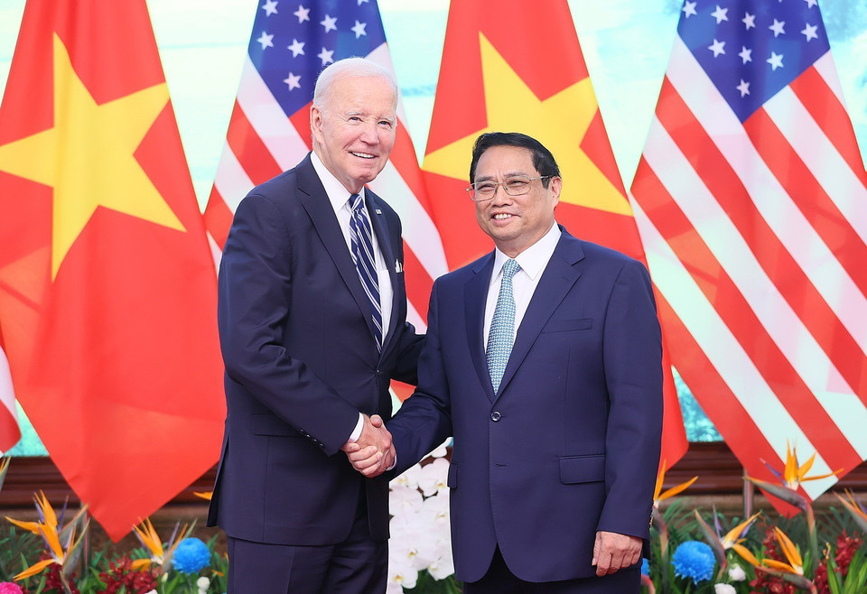 Thủ tướng Phạm Minh Chính hội kiến Tổng thống Hoa Kỳ Joe Biden nhân chuyến thăm cấp Nhà nước tới Việt Nam. (Ảnh: Dương Giang/TTXVN)