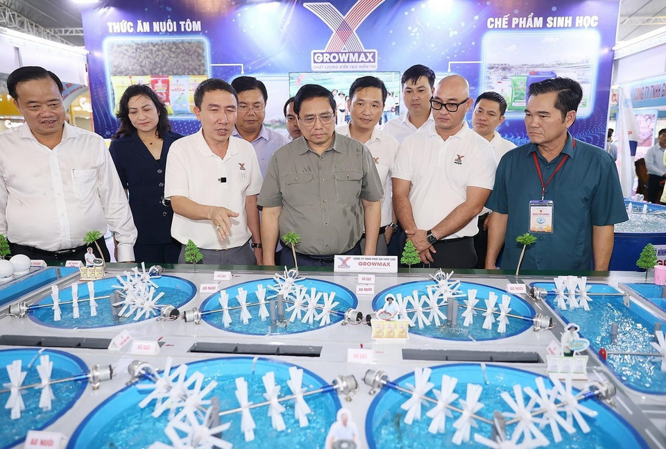Thủ tướng Phạm Minh Chính tham quan gian trưng bày sản phẩm nuôi và chế biến tôm tại Festival tôm Cà Mau 2023. (Ảnh: Dương Giang/TTXVN)