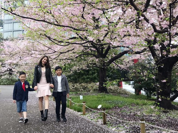 Bình an tay trong tay dạo trên thảm cánh anh đào và cả một trời hoa trên đầu (Ảnh: CTV)