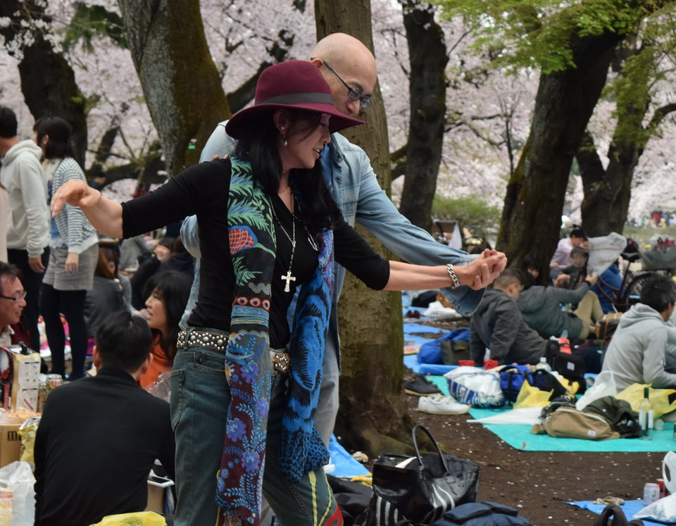 Phút ngẫu hứng salsa dưới tán hoa anh đào. (Ảnh: Nguyễn Tuyến/Vietnam+)