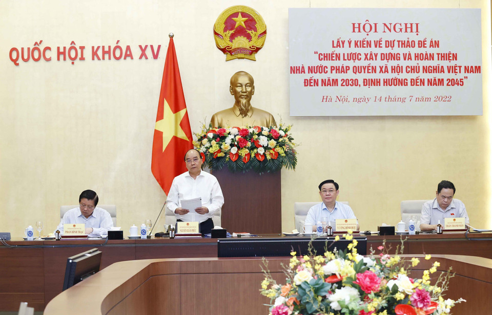 Chủ tịch nước Nguyễn Xuân Phúc, Trưởng Ban Chỉ đạo xây dựng Đề án phát biểu. (Ảnh: Doãn Tấn/TTXVN)