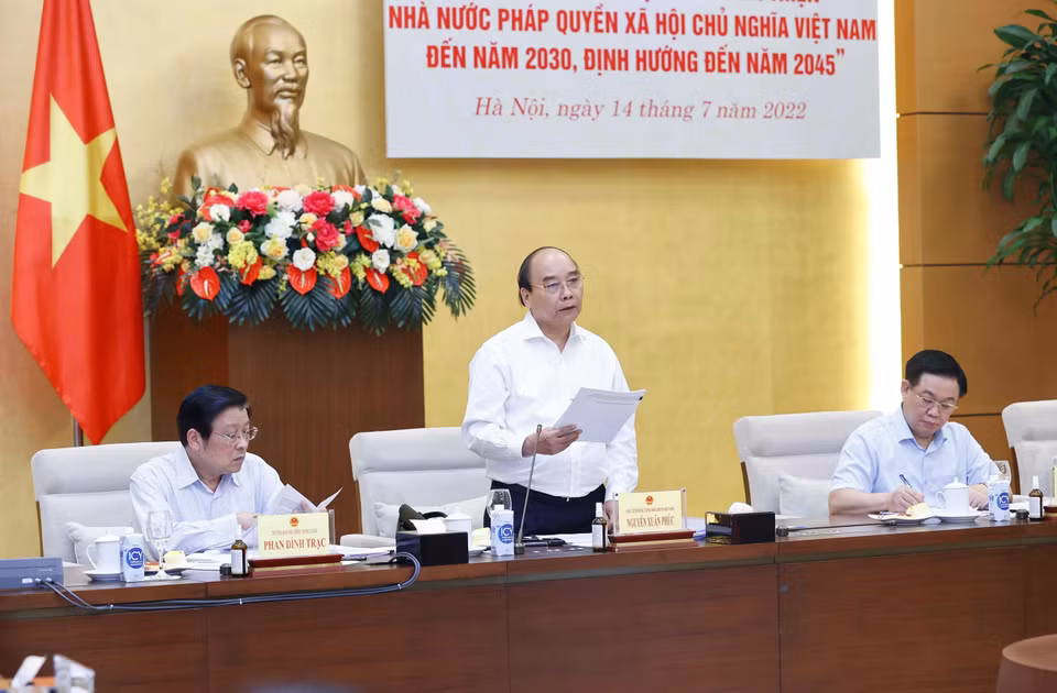 Chủ tịch nước Nguyễn Xuân Phúc, Trưởng Ban Chỉ đạo xây dựng Đề án phát biểu. (Ảnh: Doãn Tấn/TTXVN)