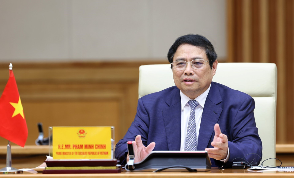 Thủ tướng Phạm Minh Chính phát biểu tại cuộc hội kiến Chủ tịch Quốc hội Phần Lan Jussi Halla-aho. (Ảnh: Dương Giang/TTXVN)