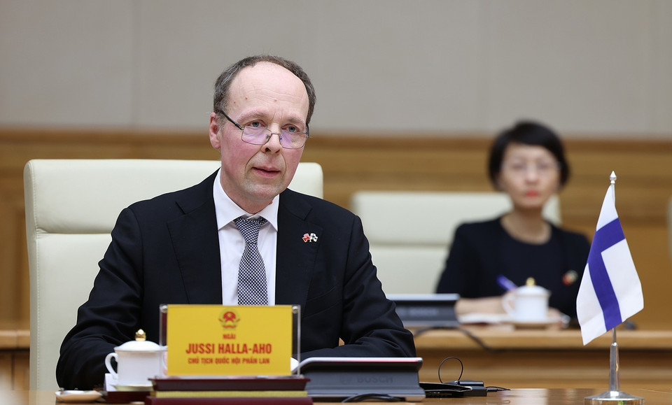 Chủ tịch Quốc hội Phần Lan Jussi Halla-aho phát biểu. (Ảnh: Dương Giang/TTXVN)