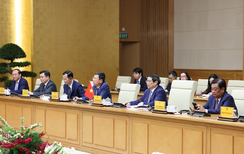 Thủ tướng Phạm Minh Chính phát biểu tại cuộc hội kiến Chủ tịch Quốc hội Phần Lan Jussi Halla-aho. (Ảnh: Dương Giang/TTXVN)