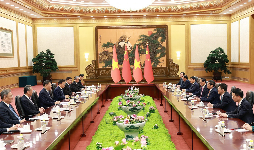 Thủ tướng Phạm Minh Chính hội kiến Tổng Bí thư, Chủ tịch nước Trung Quốc Tập Cận Bình. (Ảnh: Dương Giang/TTXVN)