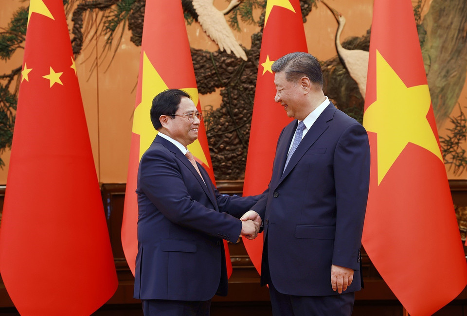 Thủ tướng Phạm Minh Chính hội kiến Tổng Bí thư, Chủ tịch nước Trung Quốc Tập Cận Bình. (Ảnh: Dương Giang/TTXVN)