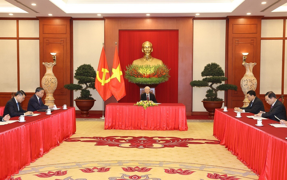 Chiều 31/3, tại Trụ sở Trung ương Đảng, Tổng Bí thư Nguyễn Phú Trọng điện đàm với Thủ tướng Cộng hòa Liên bang Đức Olaf Scholz. (Ảnh: Trí Dũng/TTXVN)