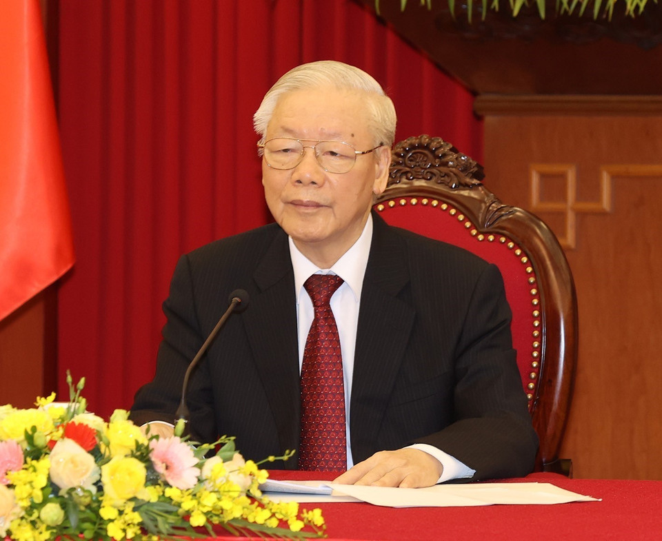 Hình ảnh Tổng Bí thư Nguyễn Phú Trọng điện đàm với Thủ tướng Đức Olaf Scholz. (Ảnh: Trí Dũng/TTXVN)