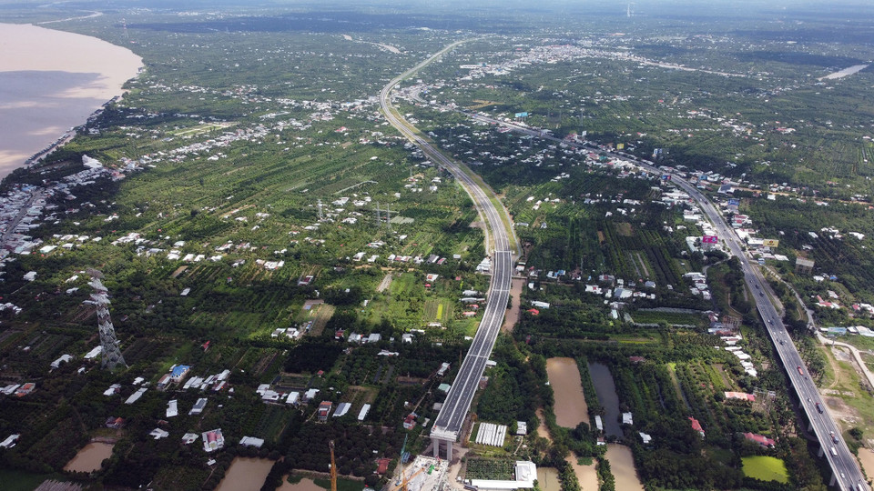 Điểm đầu của dự án khớp nối với dự án Đường Cao tốc Trung Lương-Mỹ Thuận phía Tiền Giang. Điểm cuối khớp nối vào dự án đầu tư xây dựng Đường Cao tốc Mỹ Thuận-Cần Thơ. (Ảnh: Huy Hùng/TTXVN) 