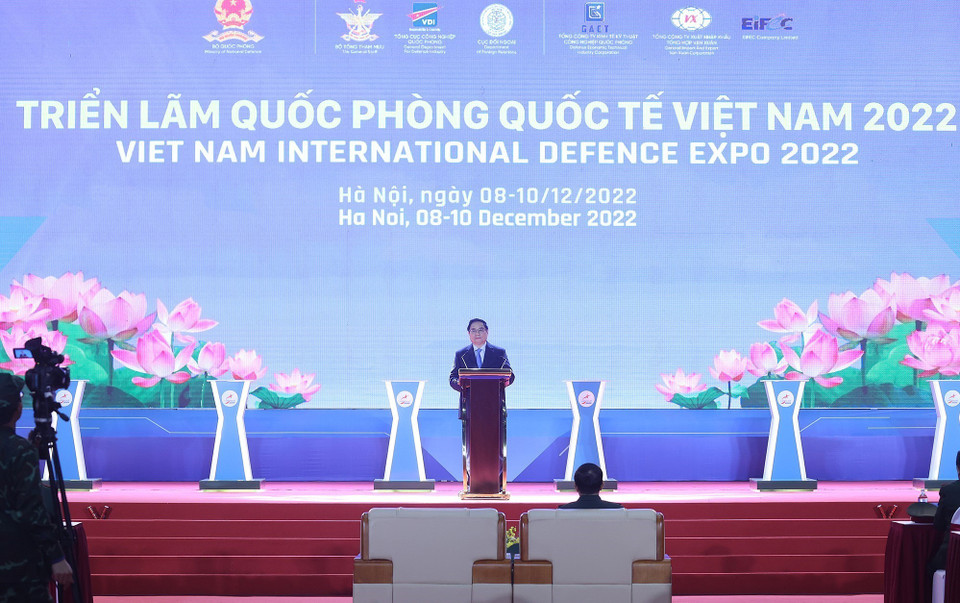 Thủ tướng Phạm Minh Chính phát biểu tại Lễ khai mạc Triển lãm Quốc phòng quốc tế Việt Nam 2022. (Ảnh: Dương Giang/TTXVN)