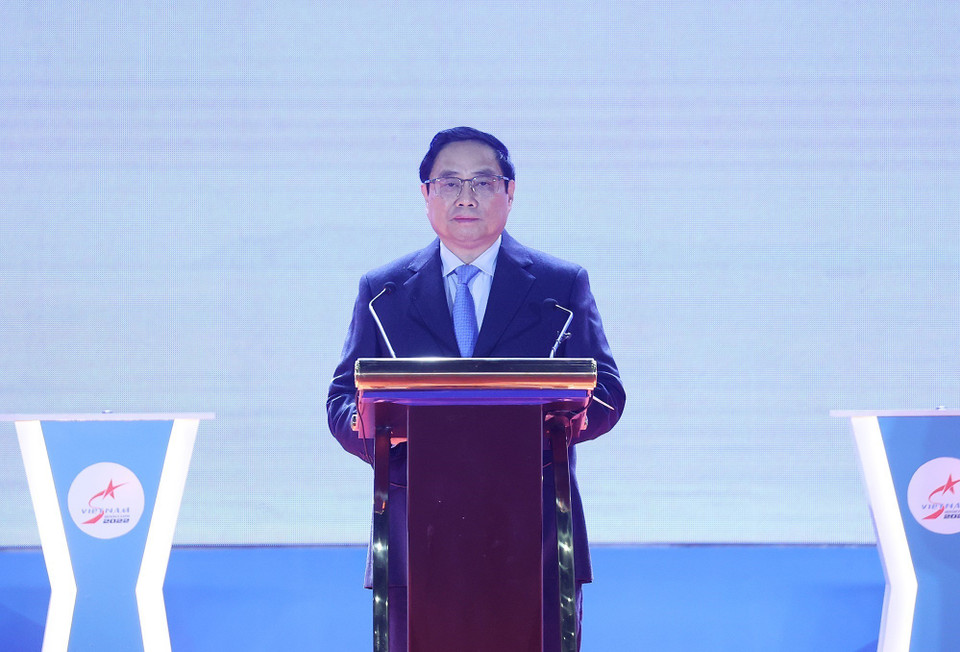 Thủ tướng Phạm Minh Chính phát biểu tại Lễ khai mạc Triển lãm Quốc phòng quốc tế Việt Nam 2022. (Ảnh: Dương Giang/TTXVN)
