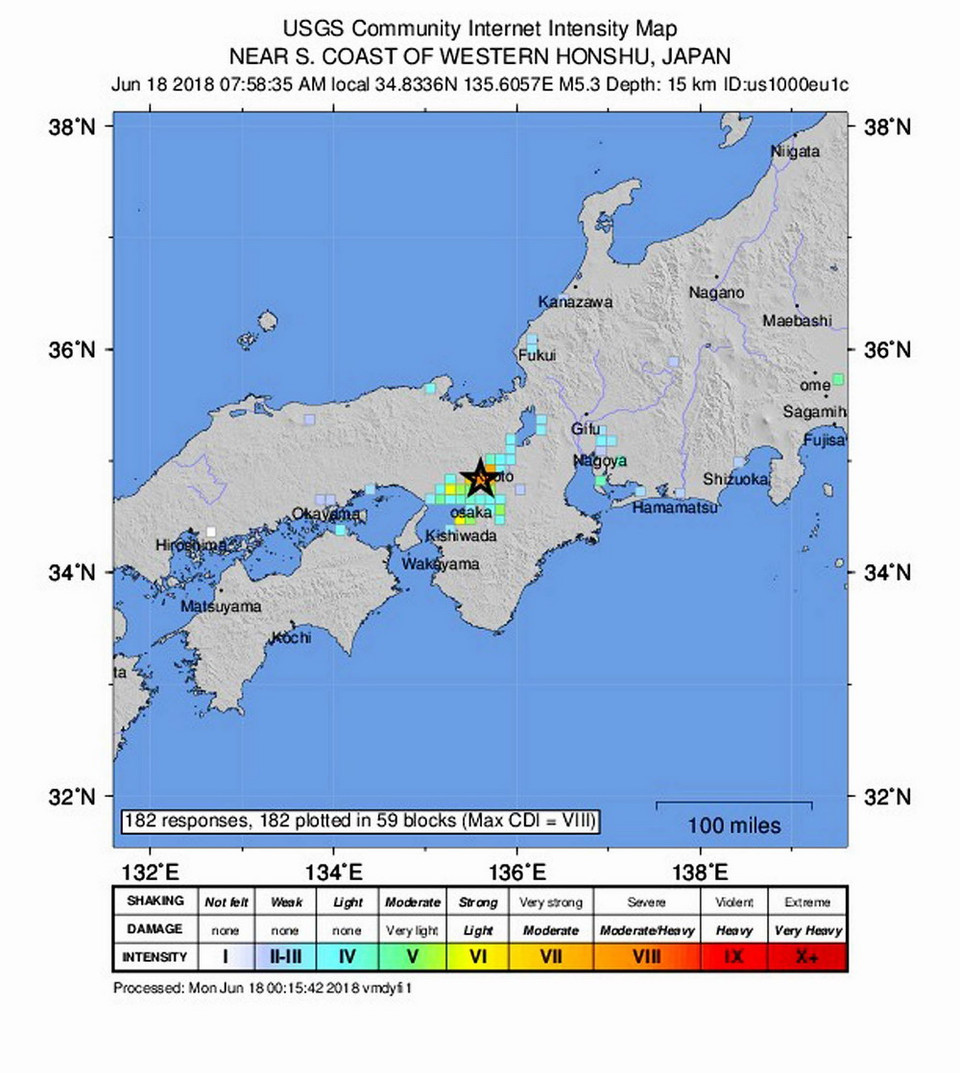 Bản đồ khu vực xảy ra động đất ở gần Osaka, Nhật Bản ngày 18/6. (Ảnh: EFE-EPA/ TTXVN)