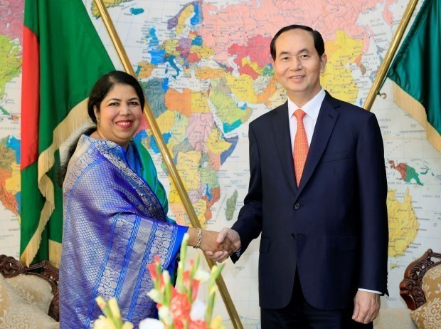 Chủ tịch nước Trần Đại Quang gặp Chủ tịch Quốc hội Shirin Shamin Chaudhury trong chuyến thăm cấp Nhà nước tới Cộng hoà Nhân dân Bangladesh (Dhaka, 5/3/2018). (Ảnh: Nhan Sáng/TTXVN)