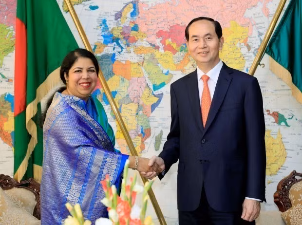 Chủ tịch nước Trần Đại Quang gặp Chủ tịch Quốc hội Shirin Shamin Chaudhury trong chuyến thăm cấp Nhà nước tới Cộng hoà Nhân dân Bangladesh (Dhaka, 5/3/2018). (Ảnh: Nhan Sáng/TTXVN)