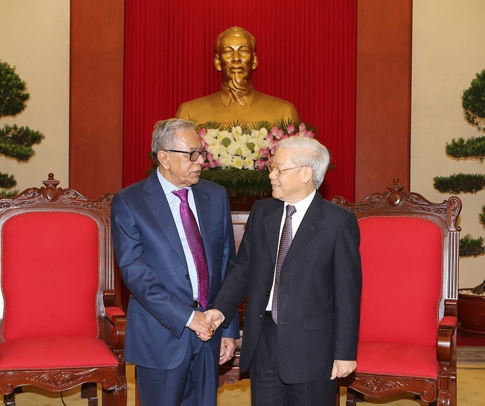 Tổng Bí thư Nguyễn Phú Trọng tiếp Tổng thống Bangladesh Md. Abdul Hamid thăm cấp Nhà nước tới Việt Nam (Hà Nội, 10/8/2015). (Ảnh: Trí Dũng/TTXVN)