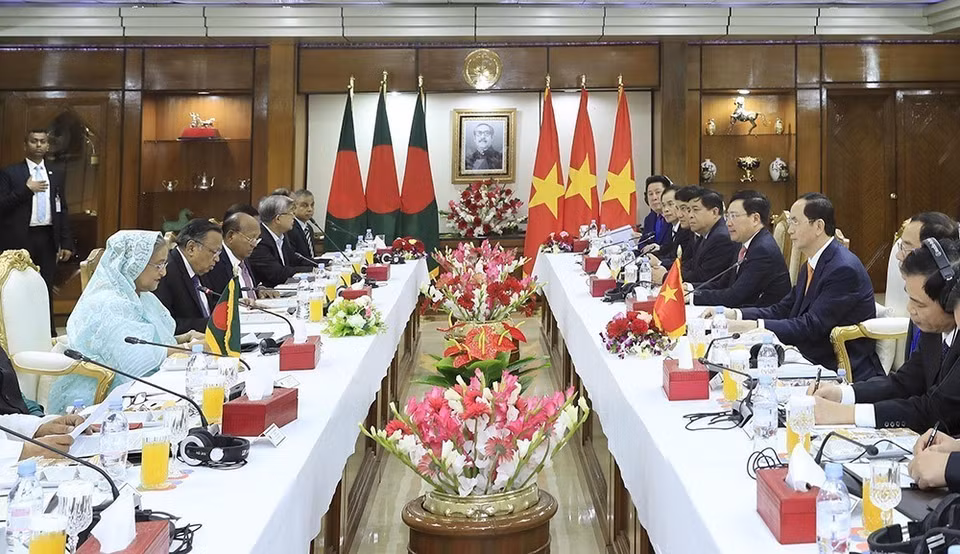 Chủ tịch nước Trần Đại Quang hội đàm với Thủ tướng Sheikh Hasina trong chuyến thăm cấp Nhà nước tới Bangladesh, ngày 5/3/2018. (Ảnh: Nhan Sáng/TTXVN)