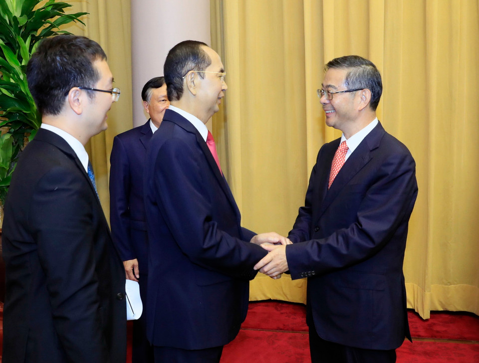 Chiều 19/9/2018, tại Phủ Chủ tịch, Chủ tịch nước Trần Đại Quang tiếp đồng chí Chu Cường, Chánh án Toà án nhân dân Tối cao Trung Quốc đang có chuyến thăm và làm việc tại Việt Nam. (Ảnh: TTXVN)